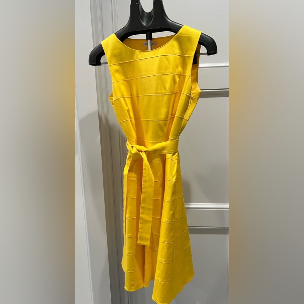 Calvin Klein Yellow Fit & Flare Dress Size 6 | Lined Cotton Stretch Midi